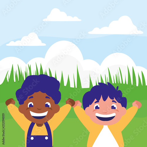 happy interracial boys celebrating in the camp