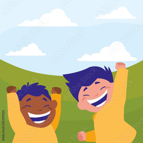 happy interracial boys celebrating in the camp