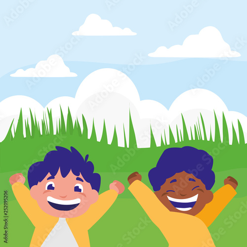 happy interracial boys celebrating in the camp