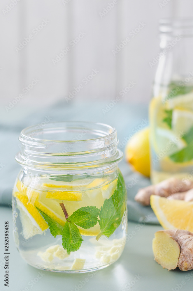jar with healthy drink with mint, lemon, ginger jar with healthy drink with mint, lemon, ginger