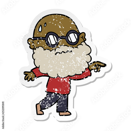 distressed sticker of a cartoon worried man with beard and spectacles pointing finger