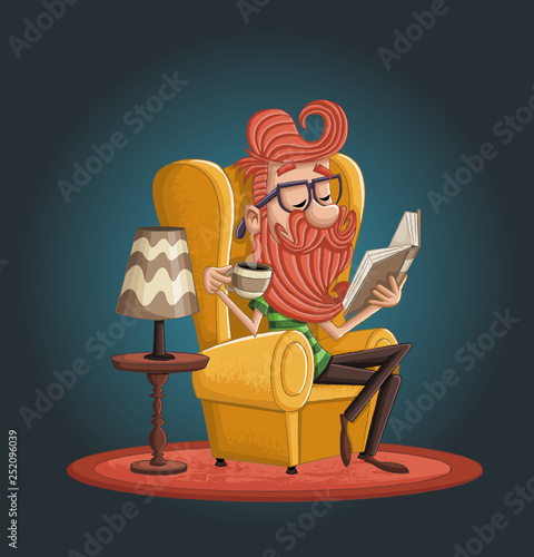 Cartoon bearded hipster man reading book and drinking coffee.