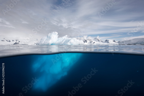 Split view of iceberg above and underwater