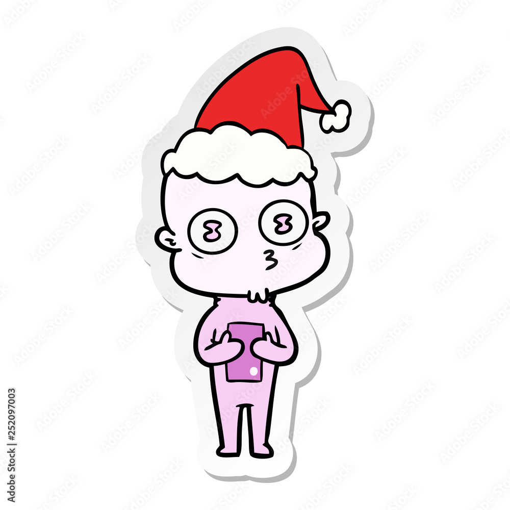 sticker cartoon of a weird bald spaceman wearing santa hat sticker cartoon of a weird bald spaceman wearing santa hat