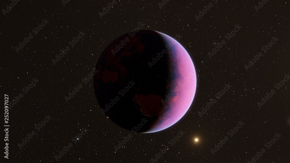 Obraz premium Exoplanet 3D illustrationthe planet pink with blue on the background of the sun the milky way black sky (Elements of this image furnished by NASA)