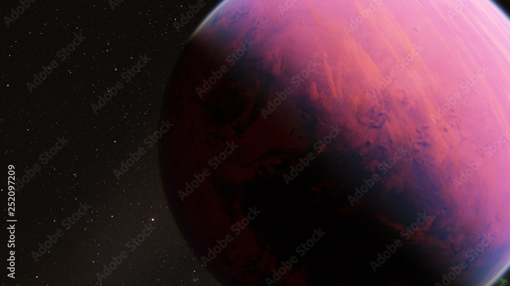 Naklejka premium Exoplanet 3D illustrationthe planet pink with blue on the background of the sun the milky way black sky (Elements of this image furnished by NASA)