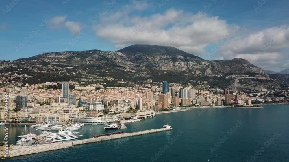 Monaco - 2018: Aerial Drone Monte Carlo sunset Europe yacht Architecture building casino success transport luxury travel Monaco - 2018: Aerial Drone Monte Carlo sunset Europe yacht Architecture building casino success transport luxury travel