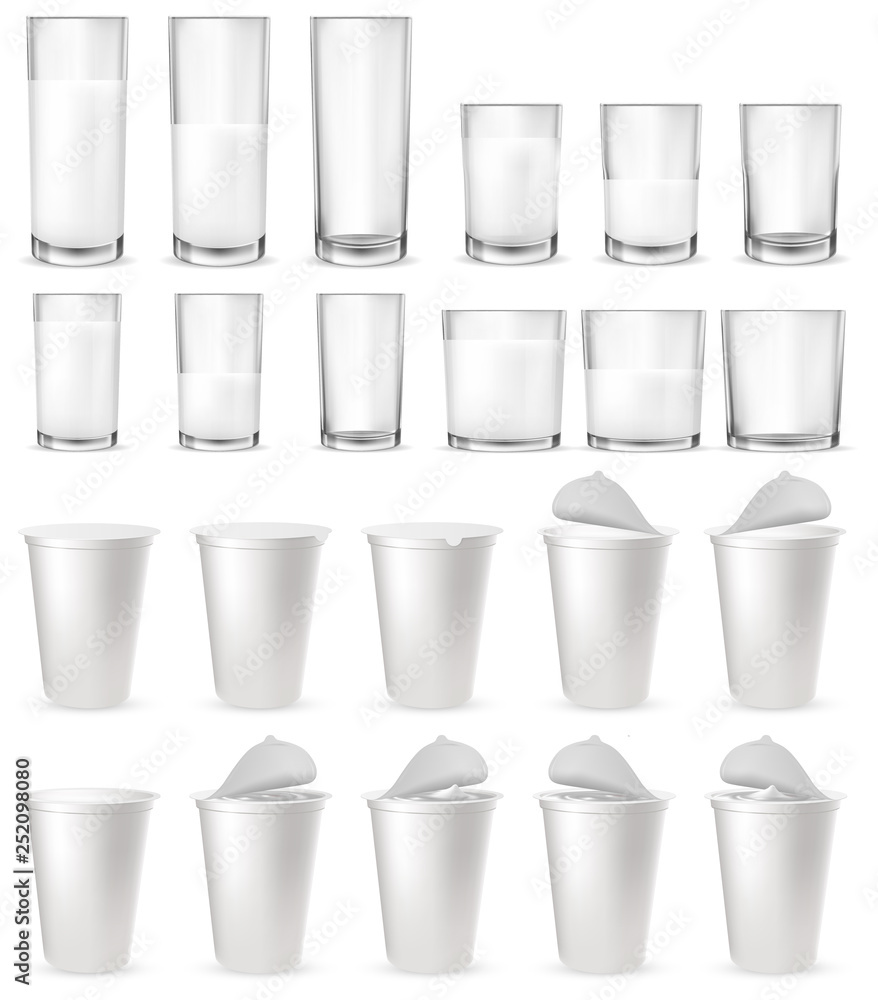 Realistic glass glasses, plastic cups, packages. Realistic glass glasses, plastic cups, packages.