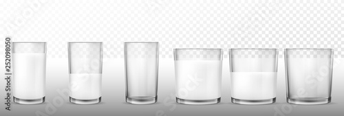 Realistic transparent glasses for milk, full and empty glass.