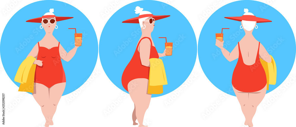 Fototapeta premium Full-figured mature woman in a bathing suit and a hat, character design, front, side and rear view, EPS 8 vector illustration