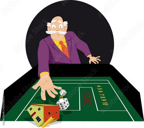Senior man shooting craps in a casino, gambling his house away, EPS 8 vector illustration
