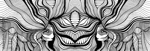 Coloring page with psychedelic fantasy girls with wave hair. Vector hand drawn illustration antistress doodle cartoon card. Tribal abstract background.