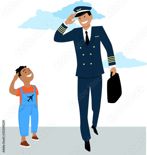 Little boy salutes to a pilot in uniform, EPS 8 vector