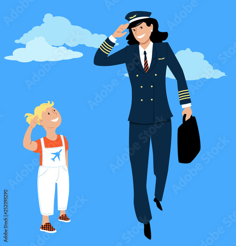 Little girl salutes to a female pilot in uniform, EPS 8 vector 