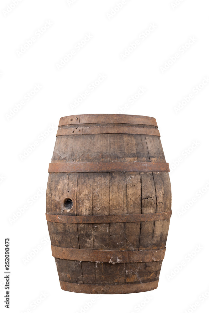 Obraz premium Tonneau à vin en bois vieux abimé rouillé poussière brocante détouré sur fond blanc