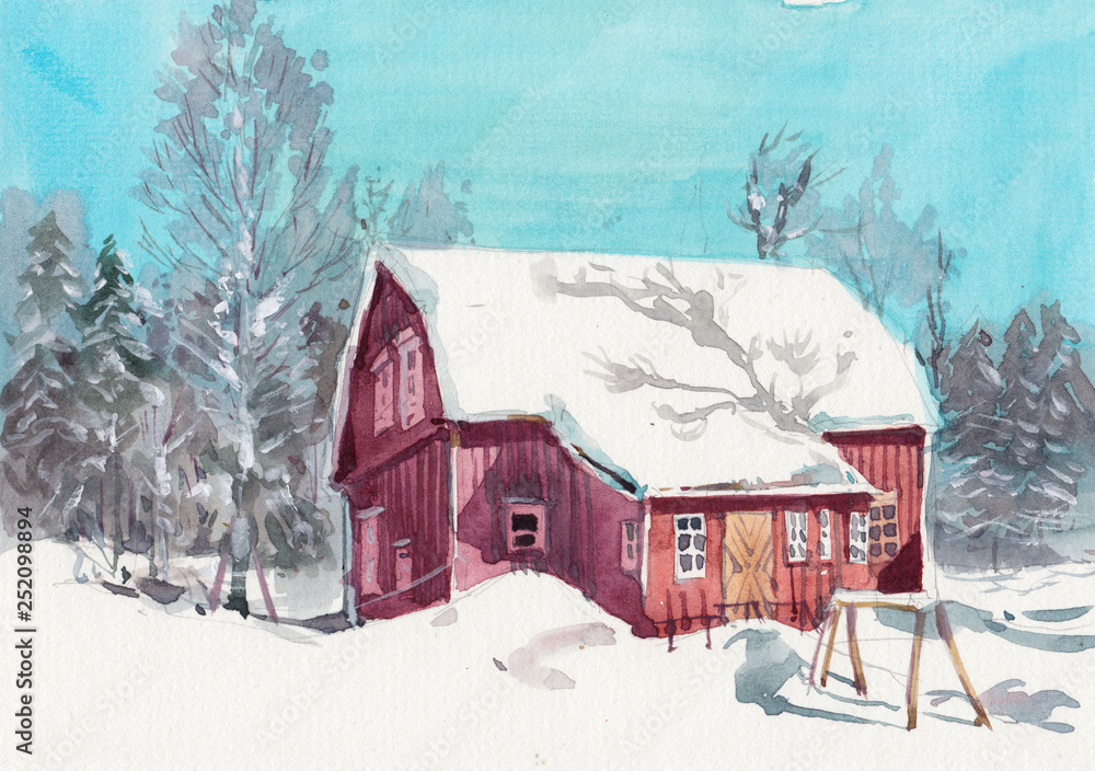 watercolor hand drawn cottage in snow