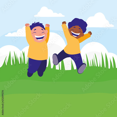 happy interracial boys celebrating in the camp