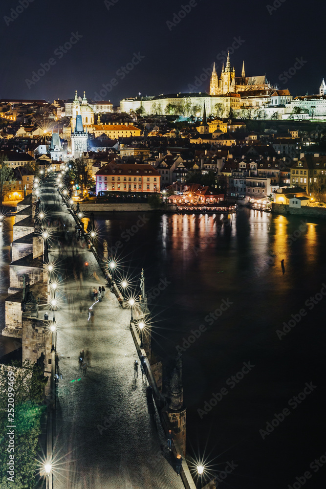 Night view over Charles Bridge - Prague, Czech Republic