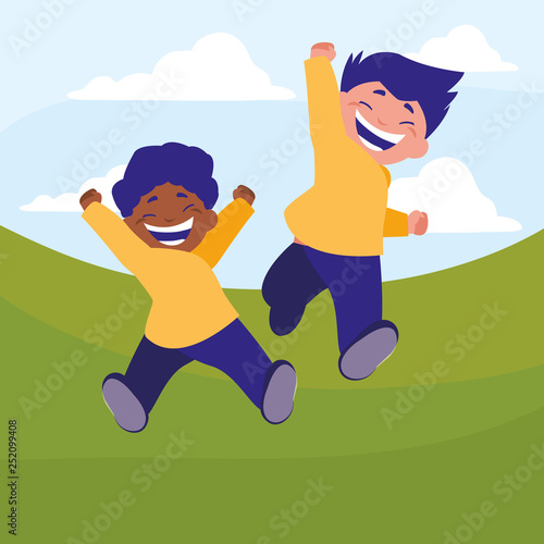 happy interracial boys celebrating in the camp