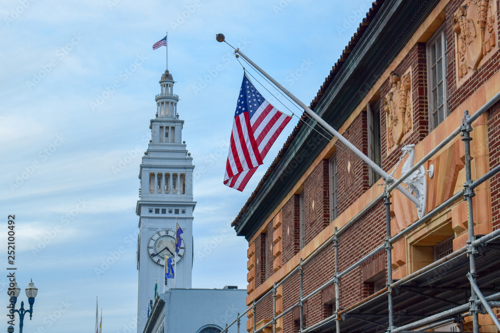 San Francisco Embarcadero and American Flag