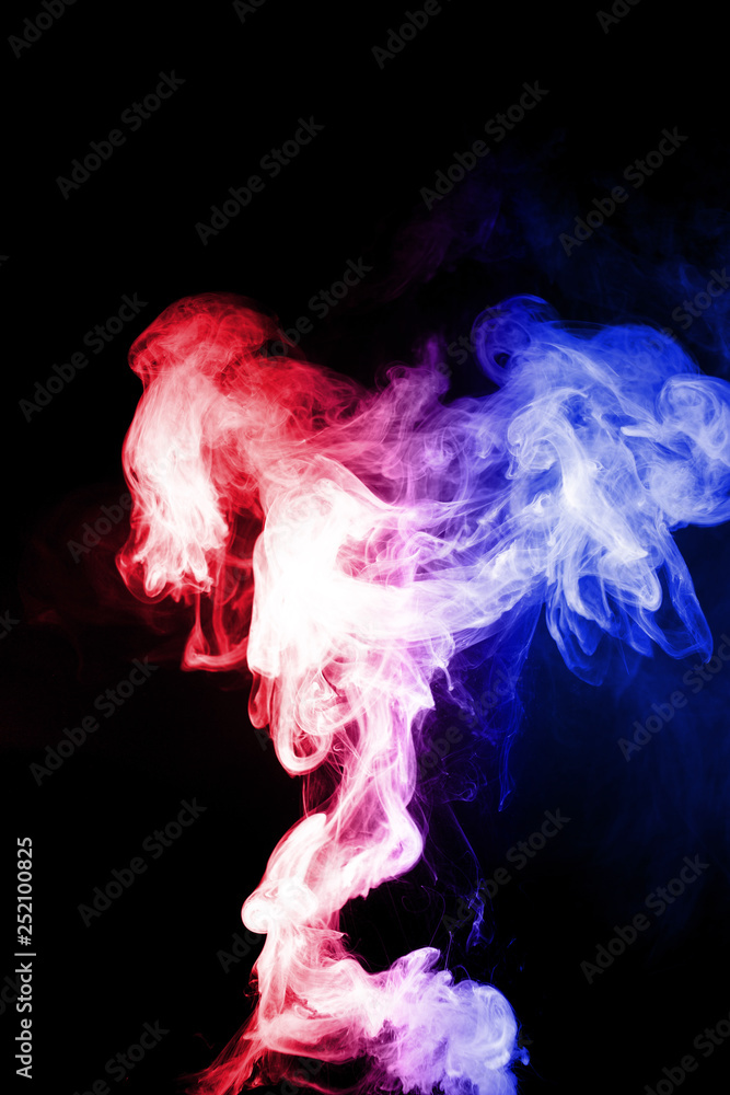 Column of vape clouds splash on black background. A lot of lines of smoke. Two colours fog is blue and purple. Stock isolated color smoke with spray boiling liquid. Column of vape clouds splash on black background. A lot of lines of smoke. Two colours fog is blue and purple. Stock isolated color smoke with spray boiling liquid.