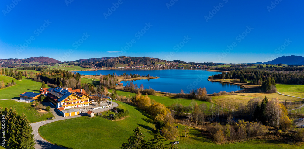 Germany, Bavaria, East Allgaeu, Fuessen region, Hopfen am See, Aerial view of Hopfensee Germany, Bavaria, East Allgaeu, Fuessen region, Hopfen am See, Aerial view of Hopfensee