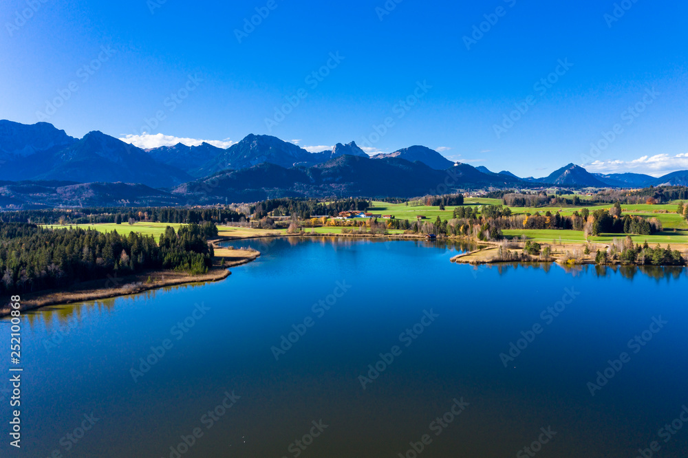 Germany, Bavaria, East Allgaeu, Fuessen region, Hopfen am See, Aerial view of Hopfensee Germany, Bavaria, East Allgaeu, Fuessen region, Hopfen am See, Aerial view of Hopfensee