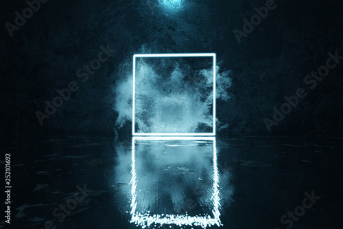 3d rendering of blue lighten square shape with light spot and smoke clouds