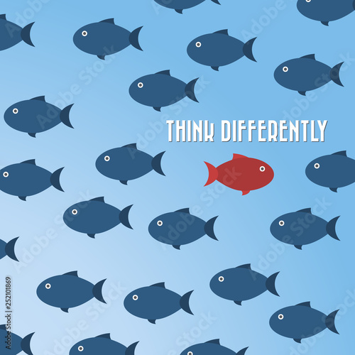 Think different. Think differently -One red unique different fish swimming opposite way of identical blue ones. Courage, confidence, success, crowd and creativity concept. EPS 10 vector illustration.
