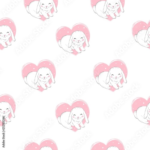 Seamless pattern with cartoon bunnies for kids. Abstract art print. Hand drawn background with cute animals. Vector illustration