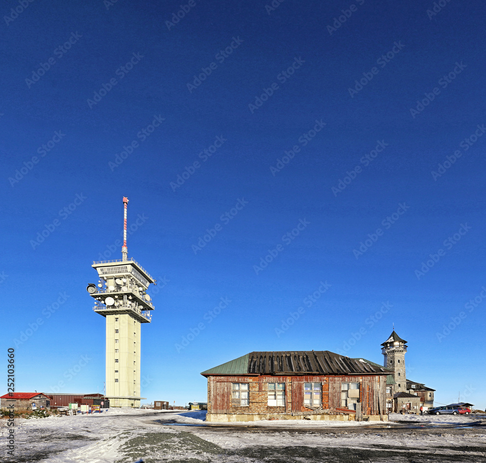 Klinovec broadcasting tower and old abandoned buildings Klinovec broadcasting tower and old abandoned buildings