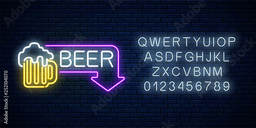Glowing neon beer pub signboard in rectangle frame with arrow and alphabet. Advertising sign of nightclub with bar.