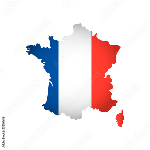 Vector isolated simplified illustration icon with silhouette of France map. National French flag (blue, white, red colors). White background