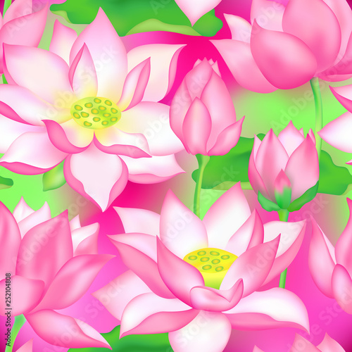 Lotus buds and flowers seamless background., Water lilly nelumbo aquatic plant illustration.