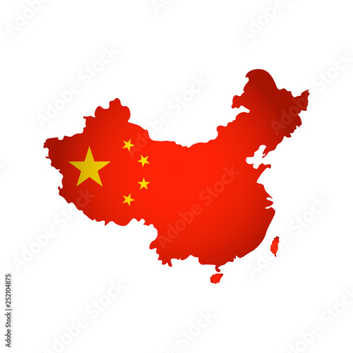 Vector isolated simplified illustration icon with silhouette of China map. National Chinese flag with stars (red, yellow colors). White background
