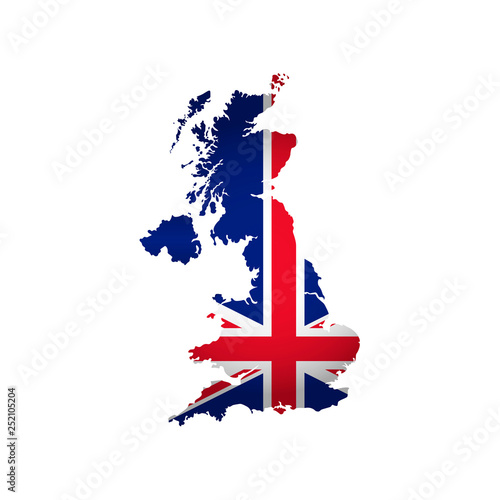 Vector isolated illustration icon with silhouette of United Kingdom of Great Britain and Ireland map. National british flag with cross (red, white, blue colors). White background