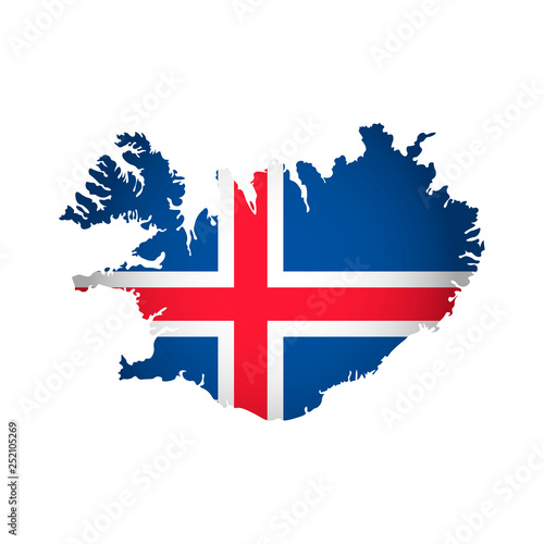 Vector isolated simplified illustration icon with silhouette of Iceland map. National Icelandic flag (red, white, blue colors). White background