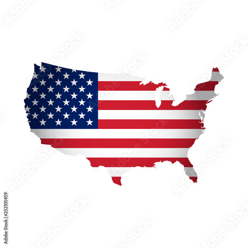 Vector illustration with american national flag with shape of USA map. Stars and stripes. Red, blue, white colors