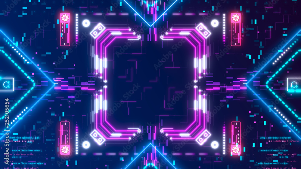 Obraz premium Neon glow digital background. Futuristic hud concept. Circuit board style