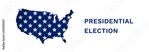 Vector illustration banner with USA map. Stars part of American flag. Presidental election in 2020. Blue color, white background