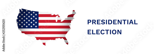 Vector illustration banner with USA map. American flag. Presidental election in 2020. Stars and stripes. Red, blue colors, white background