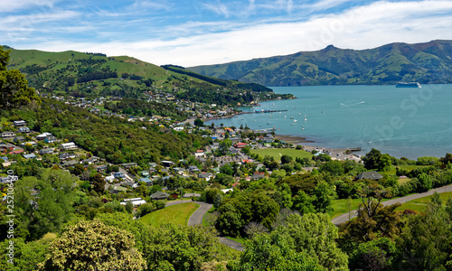Overlook of the town of Akaroa in the scenic Banks Peninsula on the east coast of the South Island of New Zealand