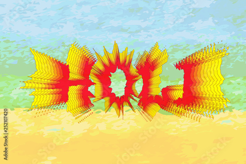 Happy Holi celebration, motley signature of watercolor on a watercolor multicolored background.