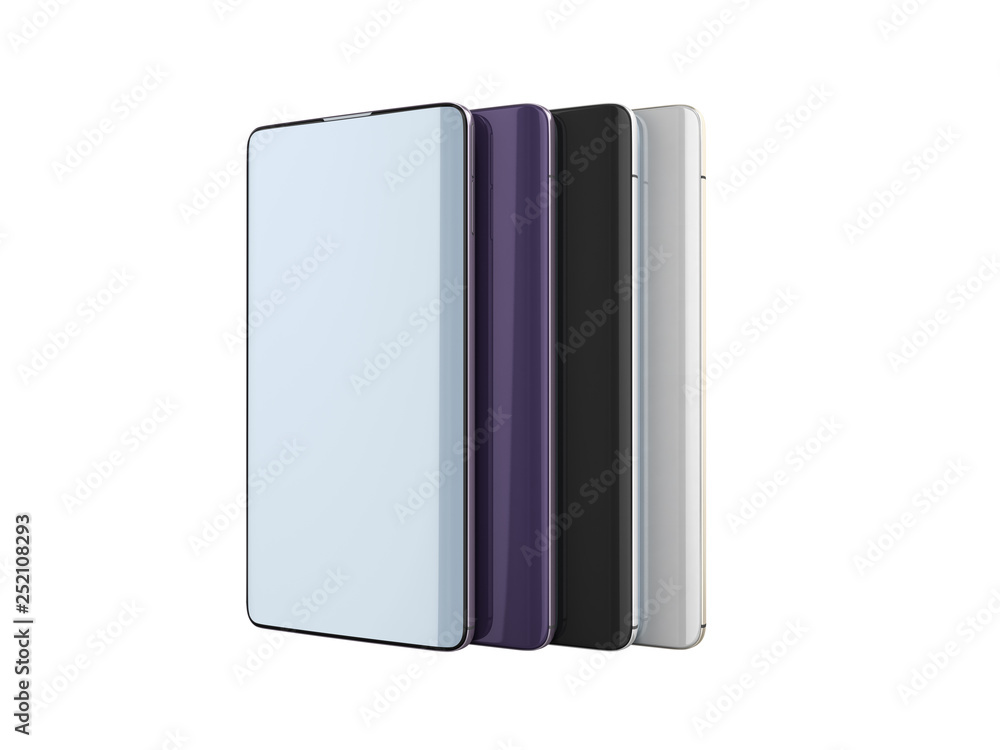 Modern full screen smart phones random color 3d render on white no shadow Modern full screen smart phones random color 3d render on white no shadow