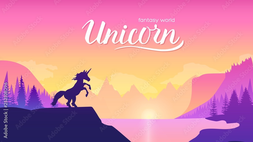 Unicorn on the mountainside near the lake concept. Creatures in fantasy worlds vector illustration design. Nature landscape backgroud
