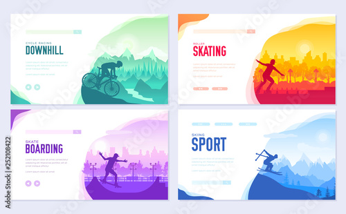 colorful covers with various sports rest day vector brochure cards set. Extreme on nature template of flyear, magazines, poster, books, banners. Active lifestyle invitation concept. Layout modern page
