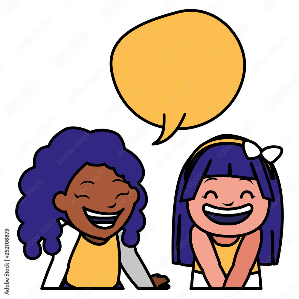 happy interracial girls with speech bubble happy interracial girls with speech bubble