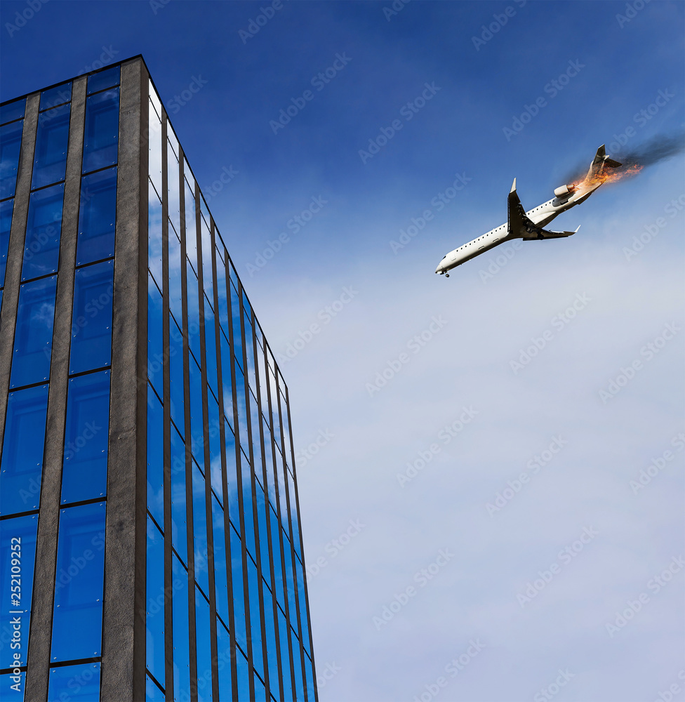Obraz premium Airplane is flying above and has an engine fire