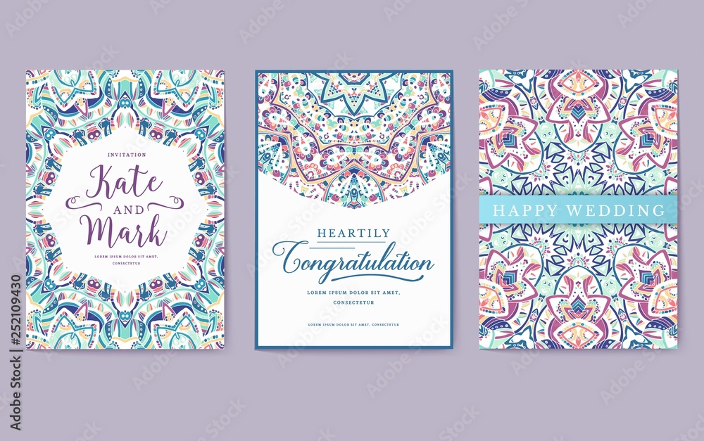 Universal flyer 3x4 with unique decoration. Invitation card for birthday, party or wedding. Traditional illustration design with typography for printing. Vertical festive postcard with invitation text