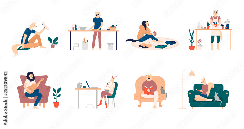 Playing guitar, eating sushi, surfing internet, listening to music, reading books, cooking. Bundle of young men and women spending weekend at home. Colored vector illustration in flat cartoon style